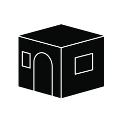 Simple black and white isometric illustration of a cube shaped building with an arched doorway and two rectangular windows