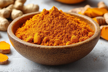 Bowl filled with turmeric powder organic spice yellow seasoning natural ingredient healthy lifestyle cooking alternative medicine closeup vibrant background