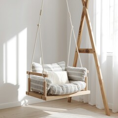 Cozy wooden hanging swing chair with soft striped cushions for relaxation in a bright, sunlit modern home interior