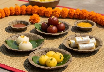 Rich display of sweets like gulab jamun, rasmalai, and sandesh in festive plates