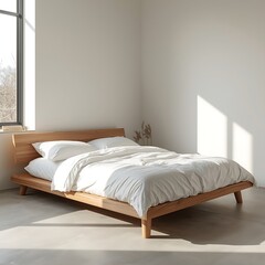 Minimalist bedroom design concept featuring a natural wood bed frame with fresh white bedding in a bright, sunlit room for serene living