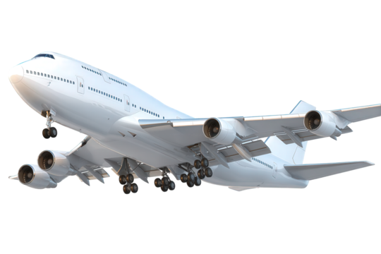 White Passenger Jet Airplane in Flight Against Transparent Background