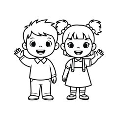Vector illustration of cartoon boy and girl waving hand