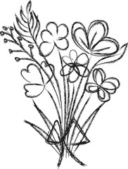 hand drawn black color wild flowers set. Contemporary abstract floral art in charcoal or crayon drawing style. floral elements isolated on white background.