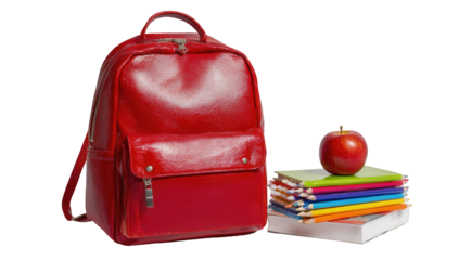 Red Glitter Backpack with Books and Apple on Transparent Background