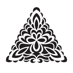 Bold Ornamental Triangular Mandala Repeating Symmetrical Motifs Intricate Detailing Pure Black Silhouette Centered On White Background
