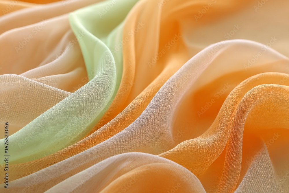 Poster elegant sheer fabric displaying a play of light with peach, orange and light green colors, creating 