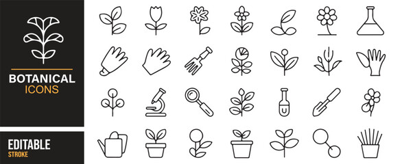 Naklejka premium Botanical gardening icons – tools, watering, plants, pots, sprouts outline