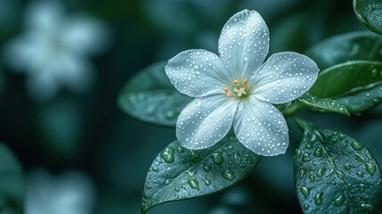 Closeup white flower with dew drops