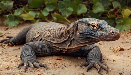 Obraz premium close-up of a large lizard with textured skin resting on sandy ground with green leaves in the background