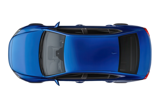 Modern blue sedan captured from above highlighting sleek design and contemporary features in a minimalist setting