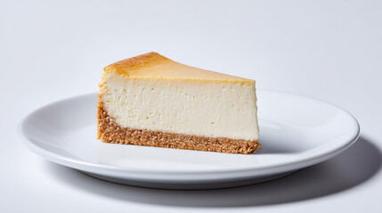 白い皿にのった一切れのベイクドチーズケーキのクローズアップ