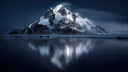 Majestic snow-covered mountain peak reflected in a still lake at night with clear sky and serene atmosphere