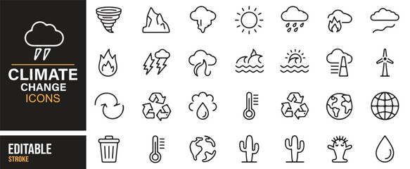 Minimal line climate change icons – ecology, drought, tornado, renewable resources