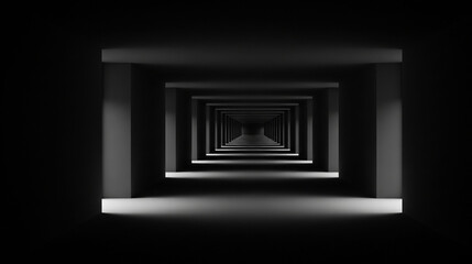 Infinite Symmetrical Corridor of Light and Shadow Receding into Darkness
