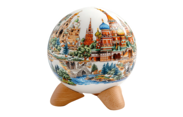 White Porcelain Sphere with Detailed Cityscape Artwork on Wooden Stand
