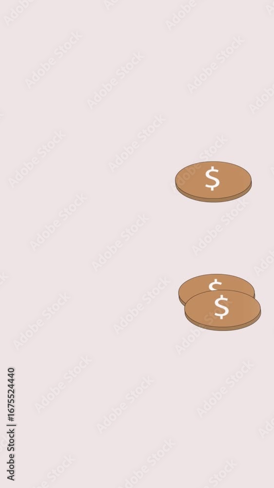 Poster dollar coins falling in continuous animation vertical video. animated coins with dollar sign symbols