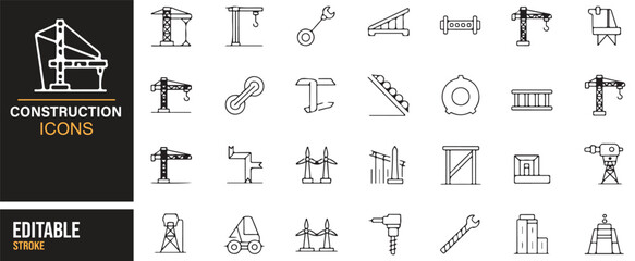 Industrial construction icons – scaffolding, projects, cranes, machines vector