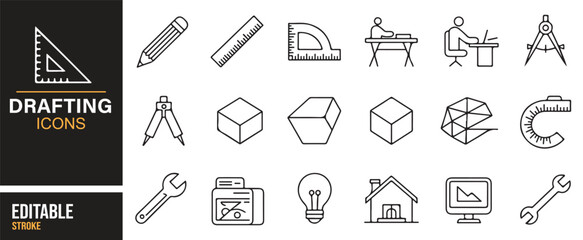 Drafting and architecture vector icons – technical planning, construction tools