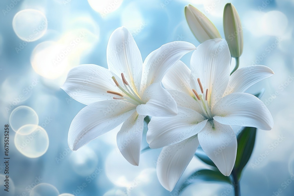 Poster close-up of two delicate white lilies with unopened buds against a soft, glowing blue bokeh backgrou