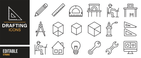 Drafting tools outline illustrations – compasses, rulers, measurement icons