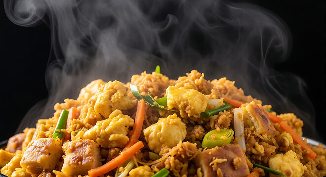 Photograph of freshly prepared egg kottu roti with steam rising