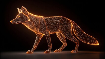 Neon Sly – Wireframe Fox Illustration with Glowing Orange Mesh on Dark Background, Abstract, Futuristic, Nature, Tech, Simulation