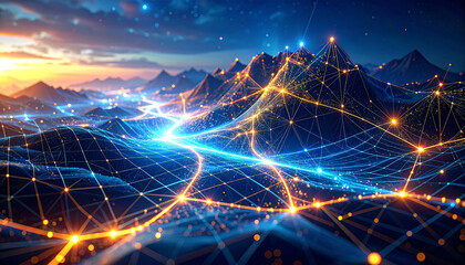 Digital Network Landscape: A stunning digital rendering, interweaving the majestic forms of mountains with a luminous network of interconnected data streams.