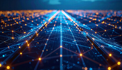 Digital Network: An eye-level shot, highlighting an illuminated data network.