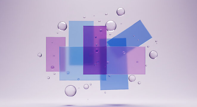 Pastel light 3d background with glass holographic transparent square plate shapes render. Abstract geometric block pattern Futuristic digital tech banner with rainbow color gradien