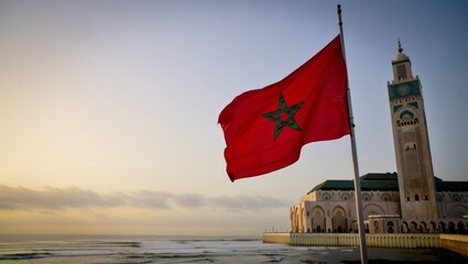 Morocco national flag waving against sky celebrating independence day