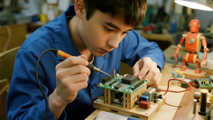 A young individual meticulously solders components onto a circuit board in a workshop setting.