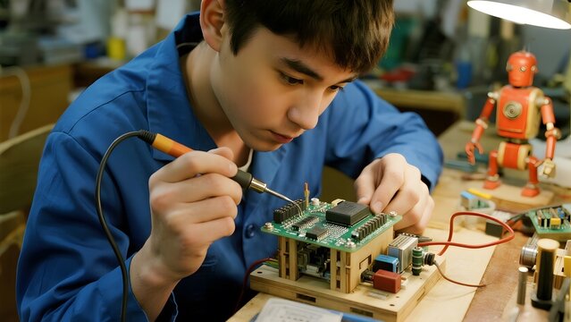 A young individual meticulously solders components onto a circuit board in a workshop setting.