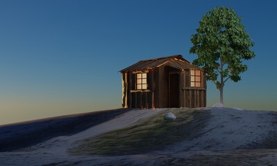 Cottage on hill nature evening scene 3d rendering wallpaper background