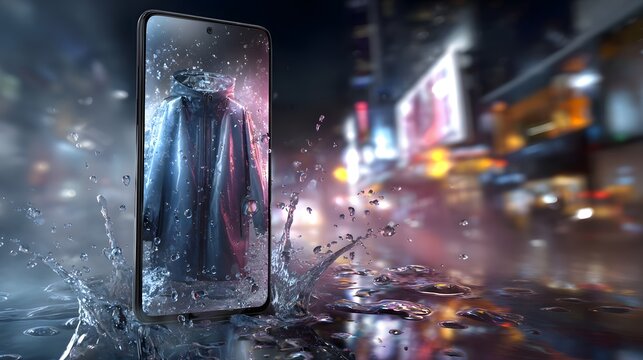 Mobile shopping in a rainy cyberpunk street scene with holographic street fashion and glowing neon reflections