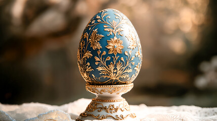 Ornate blue decorative egg with intricate golden floral patterns, elegantly displayed on a white lace cloth, capturing the essence of craftsmanship and artistic design