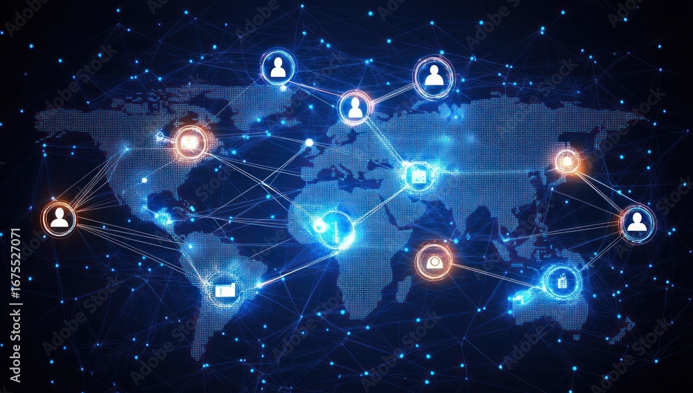 Poster digital world map with glowing connection lines and circular icons representing users and communicat