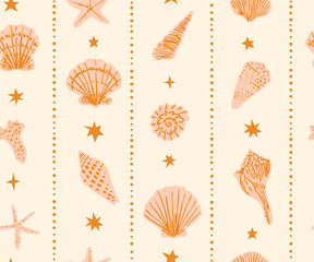 Seamless pattern with Hand drawn ink vector seashells in vertical stripes. Conceptual, naive marine sketch background.  Element for poster, social media, banners, invitation.