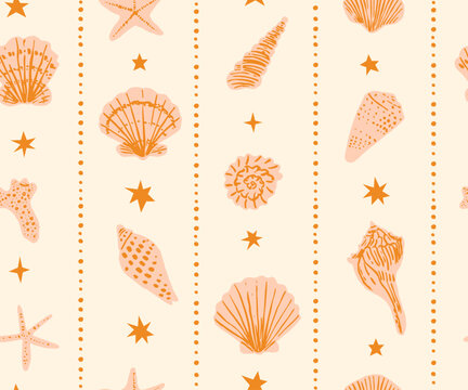 Seamless pattern with Hand drawn ink vector seashells in vertical stripes. Conceptual, naive marine sketch background.  Element for poster, social media, banners, invitation.