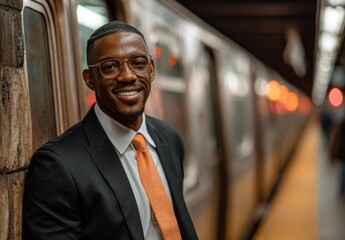 Naklejka premium Professional Young Man Wearing Glasses and Suit Smiling on Subway Platform