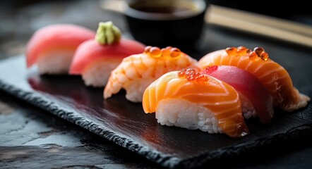 Assortment of fresh nigiri sushi including salmon, tuna, and shrimp topped with roe and wasabi on a black slate serving plate with chopsticks in the background