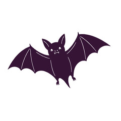 A cheerful vampire bat soars with its wings wide open, presented as a minimalist 2D flat vector illustration, isolated on a clean white background.