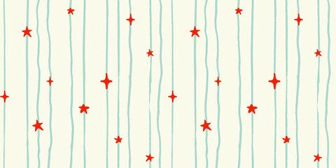 Seamless Christmas pattern with ink doodle abstract stars on vertical stripes. Trendy aesthetic geometric minimalistic background. Hand drawn vector illustration. Boho, decorative, winter wallpaper.