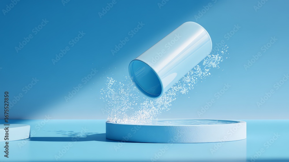 Poster a minimalist blue scene featuring a floating container releasing particles.