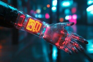 Futuristic transparent forearm implant with digital display in neon urban setting