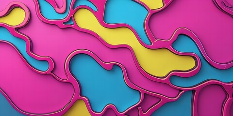 Abstract wavy layers of pink blue and yellow with brown edges are presented in a close up colorful geometric background