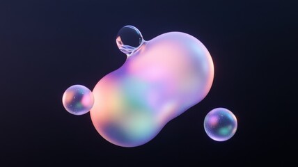 Surreal holographic liquid blobs with iridescent colors on dark background