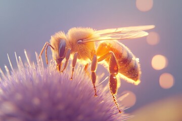 Photorealistic close-up of a bee perched on purple flower in sunlight