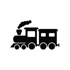 Simple silhouette of a classic steam locomotive pulling a passenger carriage with smoke