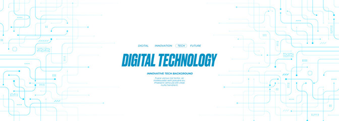 Obraz na płótnie Canvas Tech banner with flowing lines and circuit patterns. Digital background featuring abstract network connections and futuristic design elements in blue and white. Technology banner backdrop
